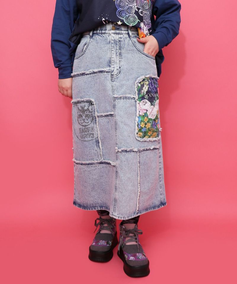 花ネコのアシメフリンジ アップリケデニムスカート-10