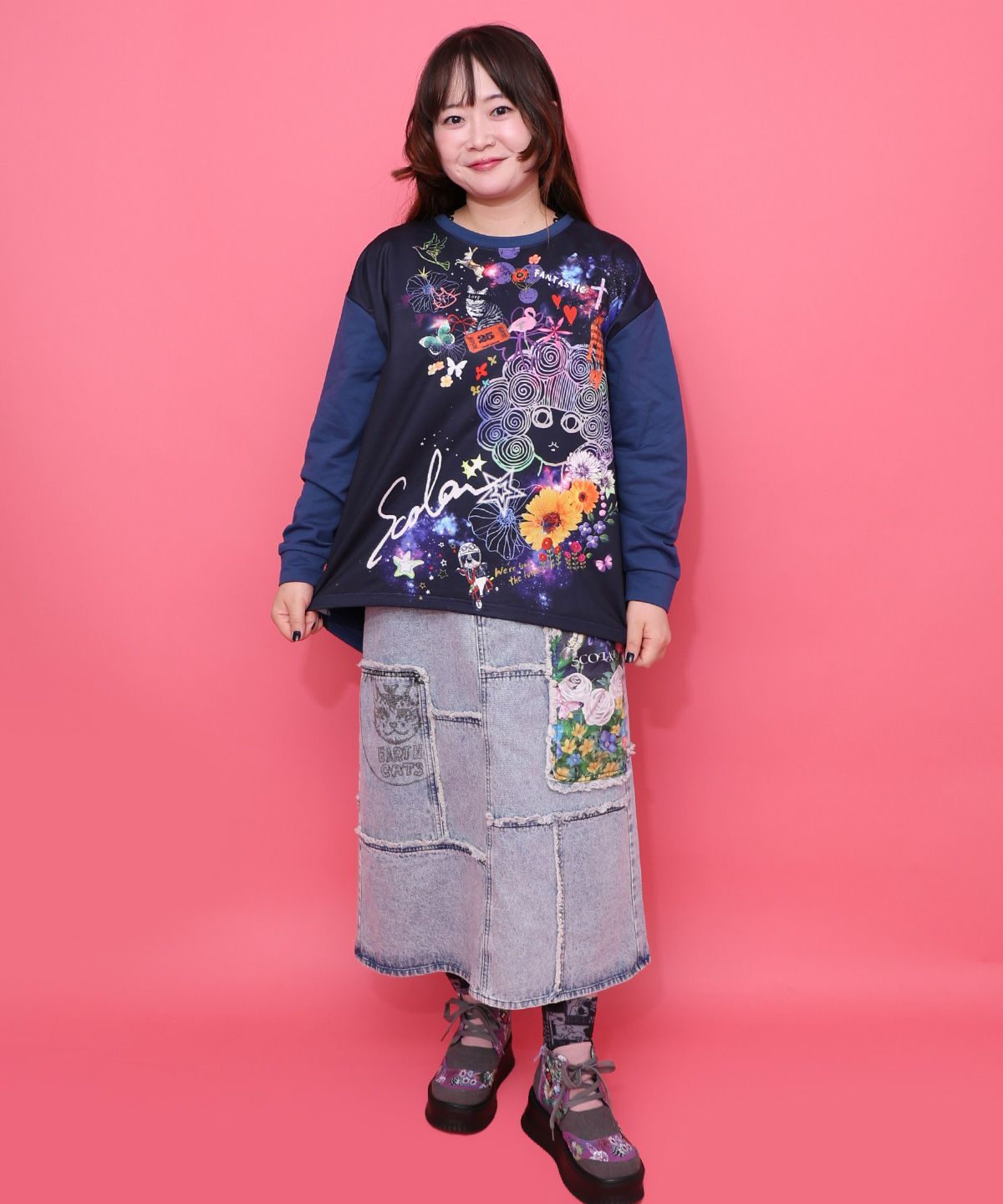 153673：花ネコのアシメフリンジ アップリケデニムスカートの通販-ScoLar