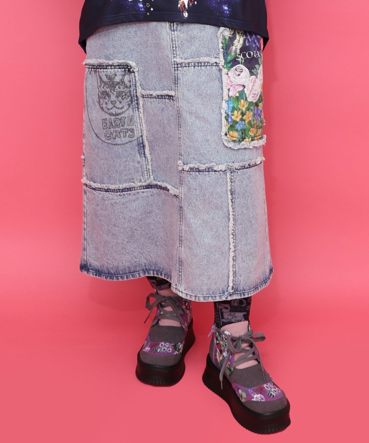 花ネコのアシメフリンジ アップリケデニムスカート-12