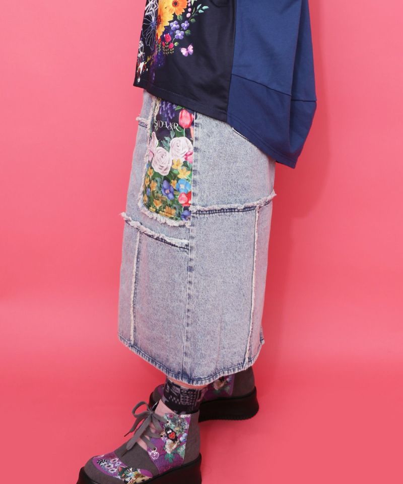花ネコのアシメフリンジ アップリケデニムスカート-13