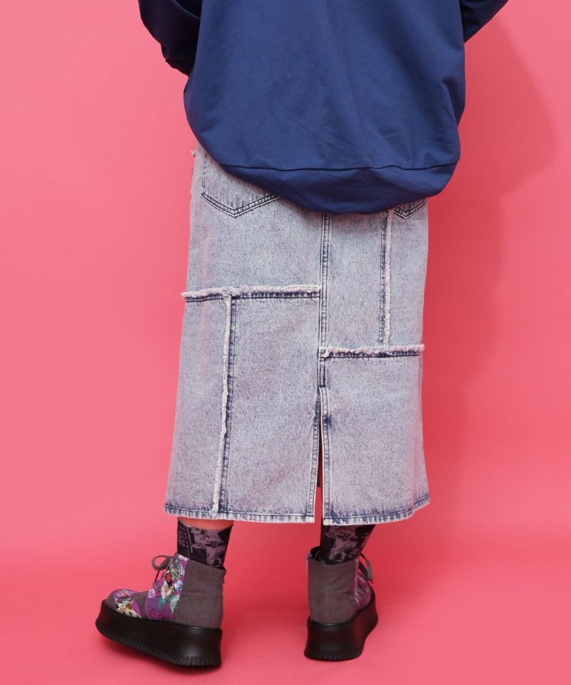 花ネコのアシメフリンジ アップリケデニムスカート-14