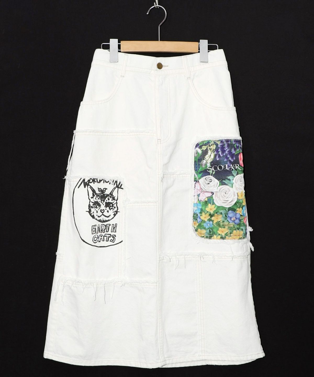 花ネコのアシメフリンジ アップリケデニムスカート-17