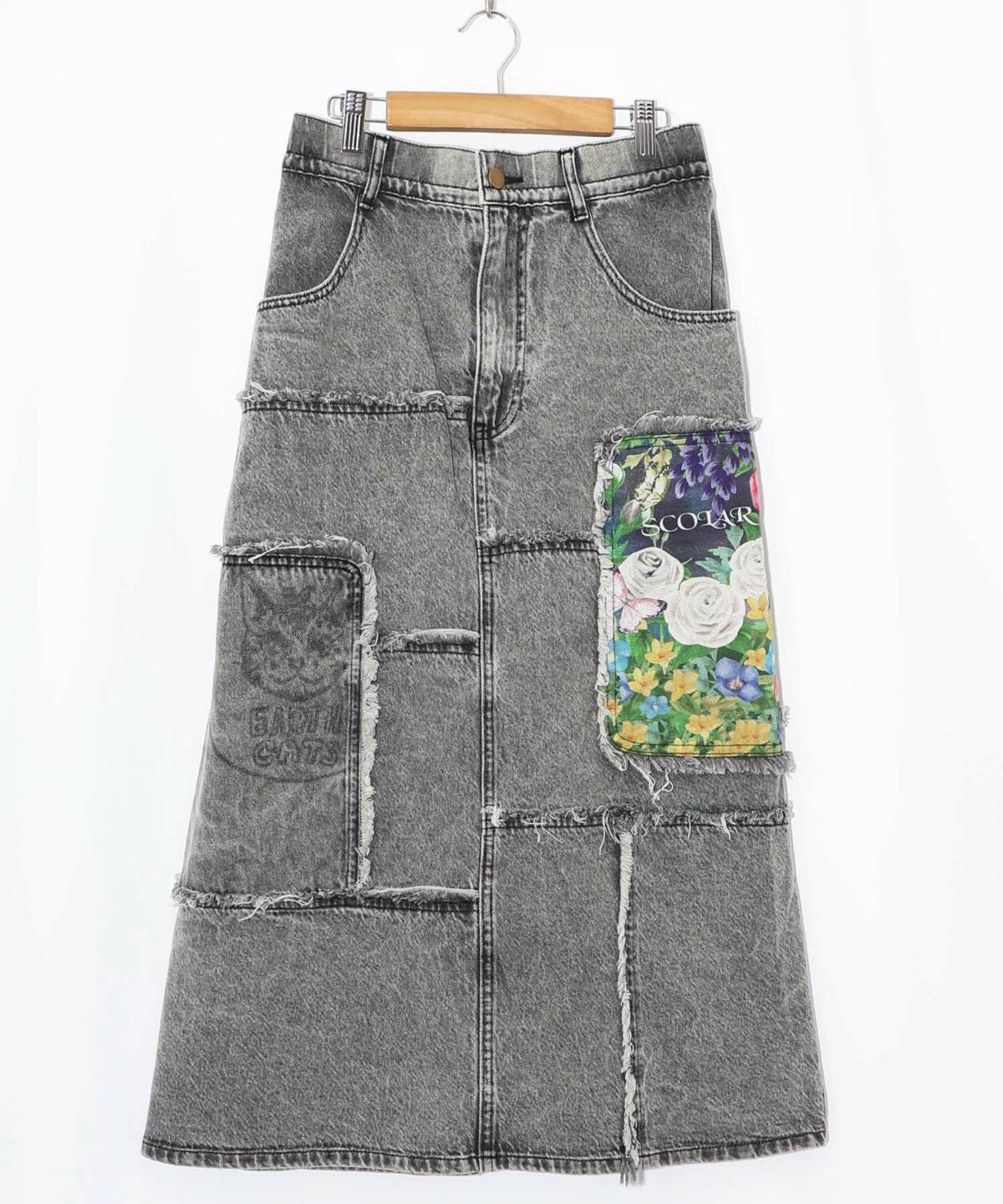 花ネコのアシメフリンジ アップリケデニムスカート-20