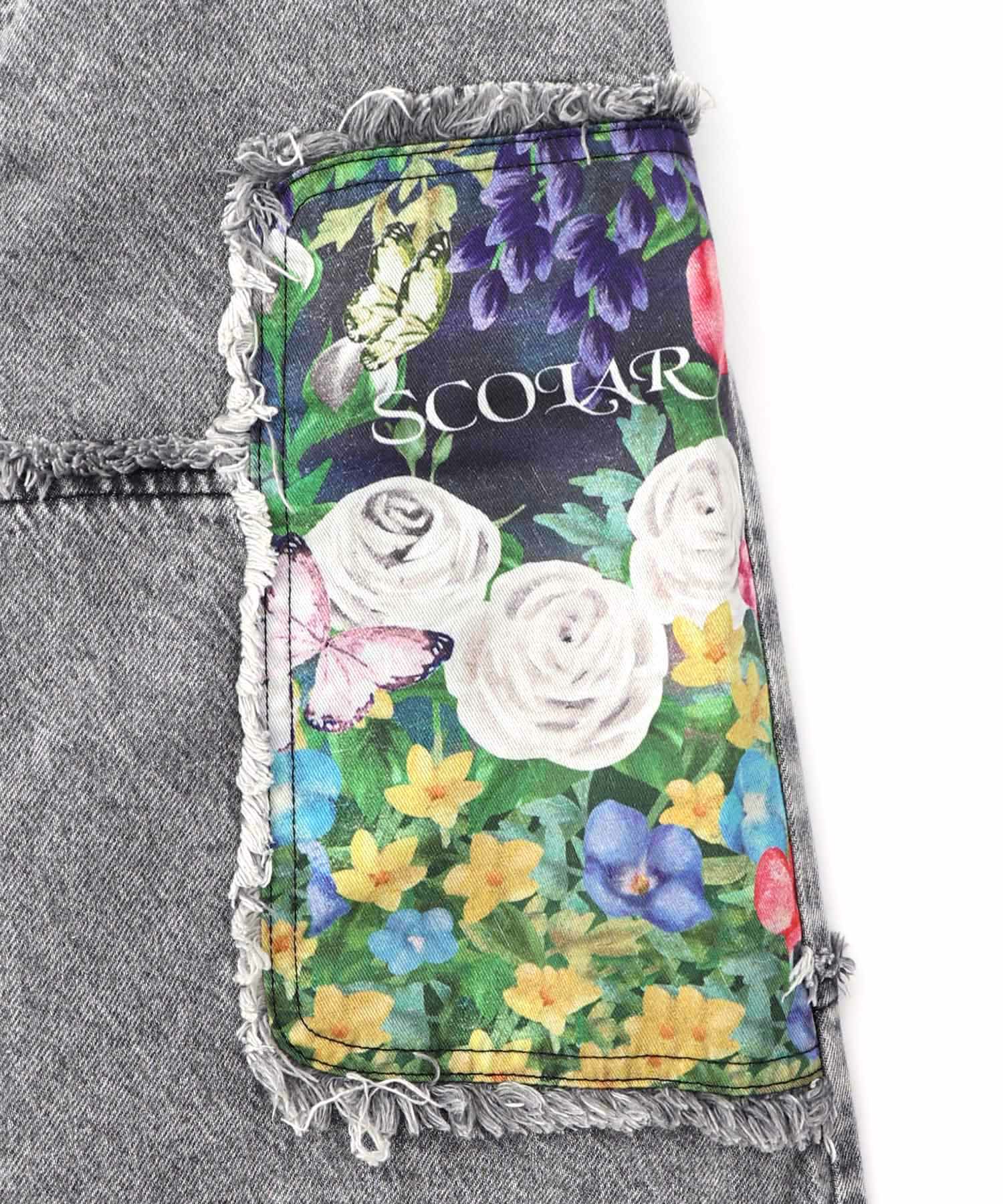 153673：花ネコのアシメフリンジ アップリケデニムスカートの通販-ScoLar