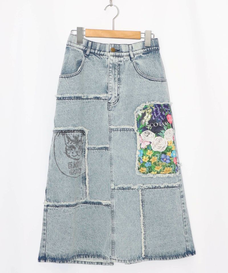 花ネコのアシメフリンジ アップリケデニムスカート-23