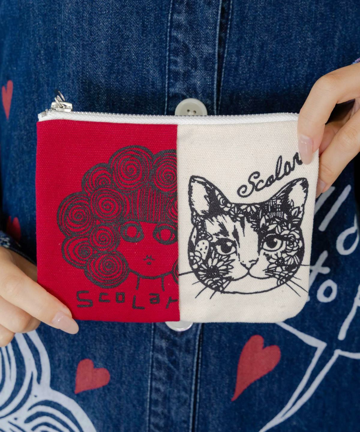 スカラーちゃん×ネコ配色フラットポーチ-4