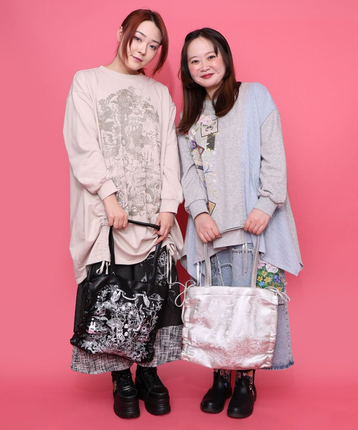 きのこランド柄サイド絞り合皮トートバッグ-2