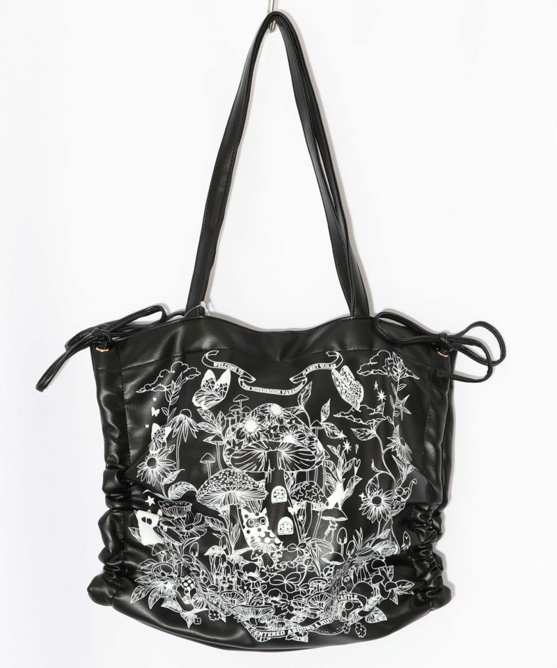 きのこランド柄サイド絞り合皮トートバッグ-8