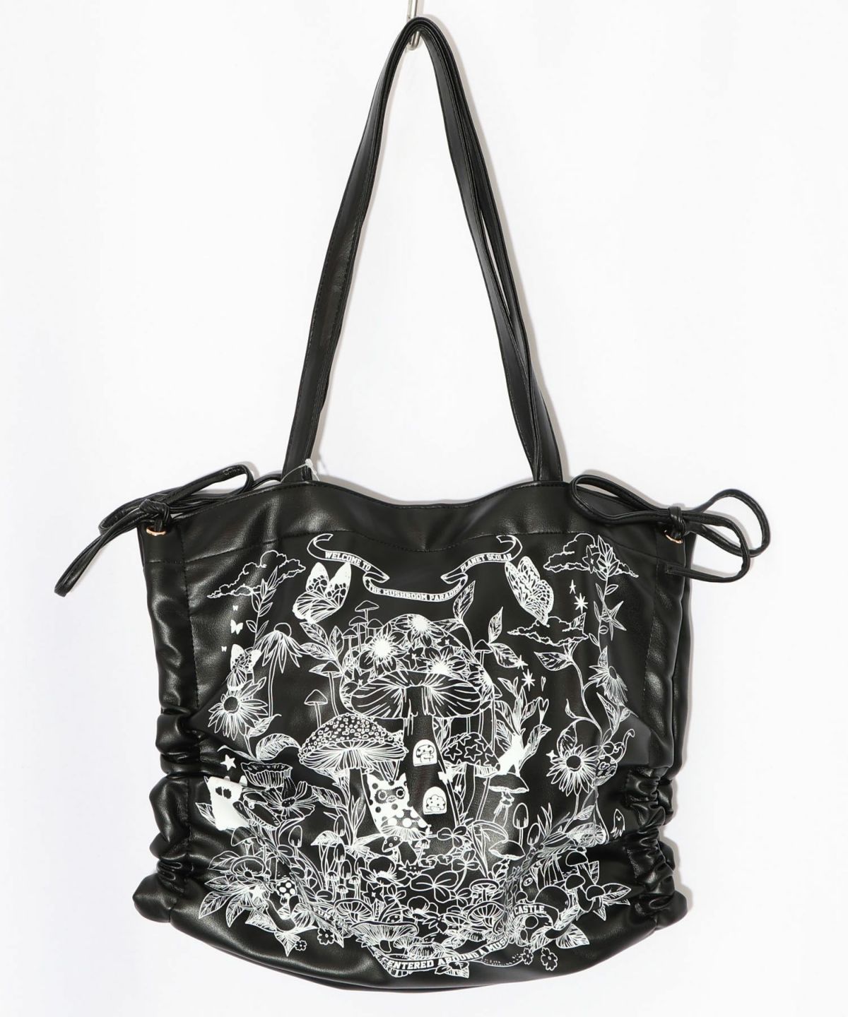 きのこランド柄サイド絞り合皮トートバッグ-8