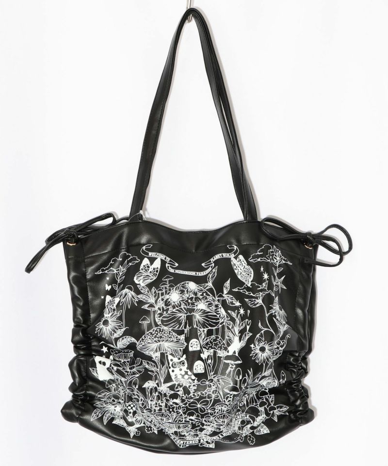 きのこランド柄サイド絞り合皮トートバッグ-10