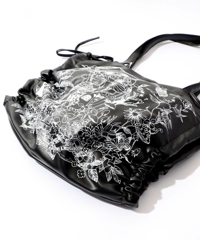 きのこランド柄サイド絞り合皮トートバッグ-12