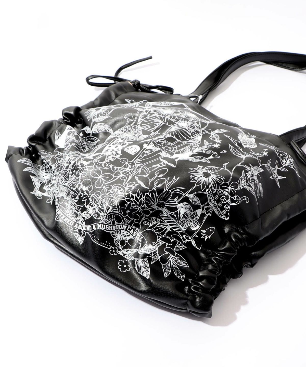 きのこランド柄サイド絞り合皮トートバッグ-12