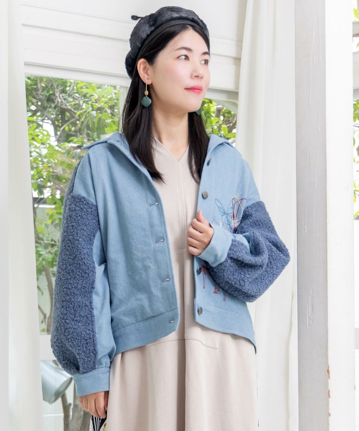 花蝶刺繍デニム×プードルボア 切替ジャケット-1