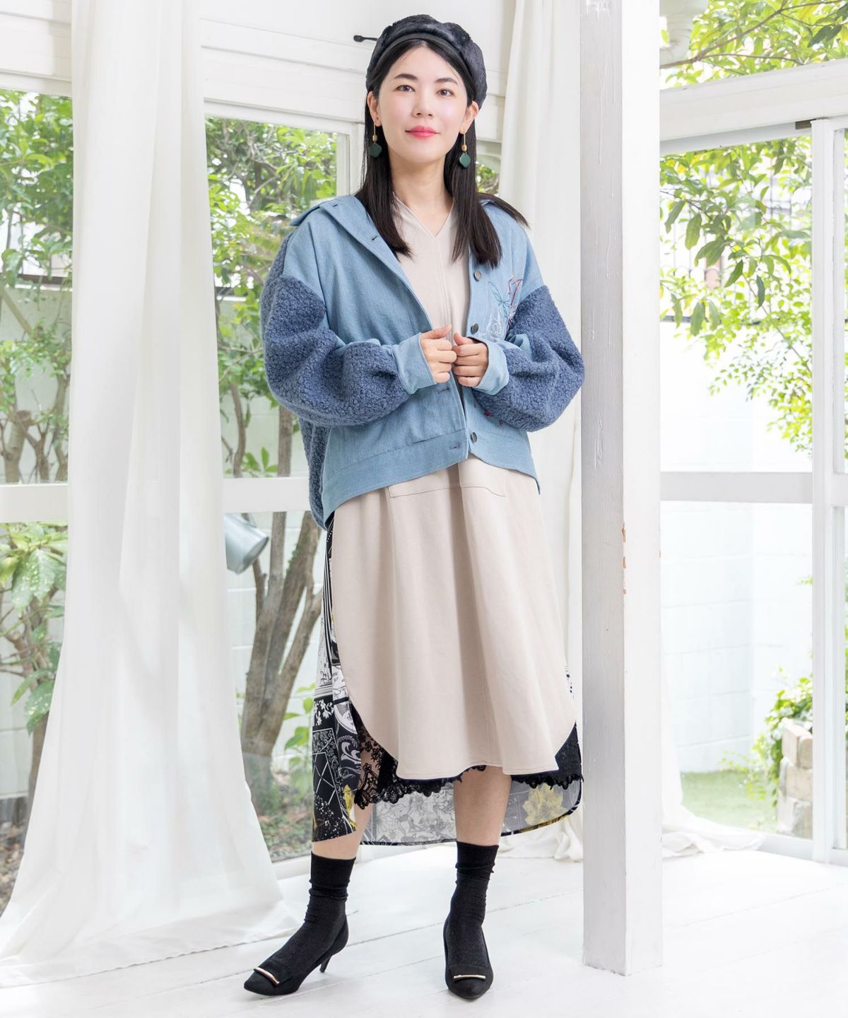 花蝶刺繍デニム×プードルボア 切替ジャケット-2