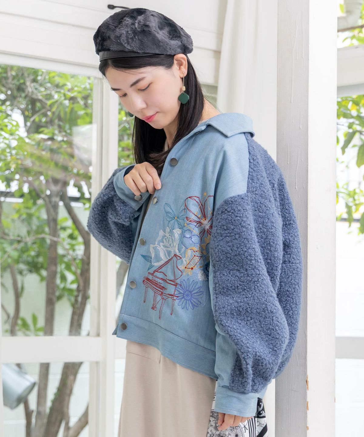 花蝶刺繍デニム×プードルボア 切替ジャケット-3