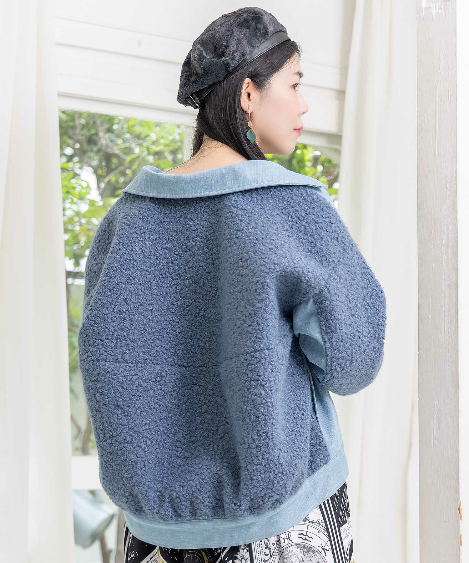 花蝶刺繍デニム×プードルボア 切替ジャケット-4