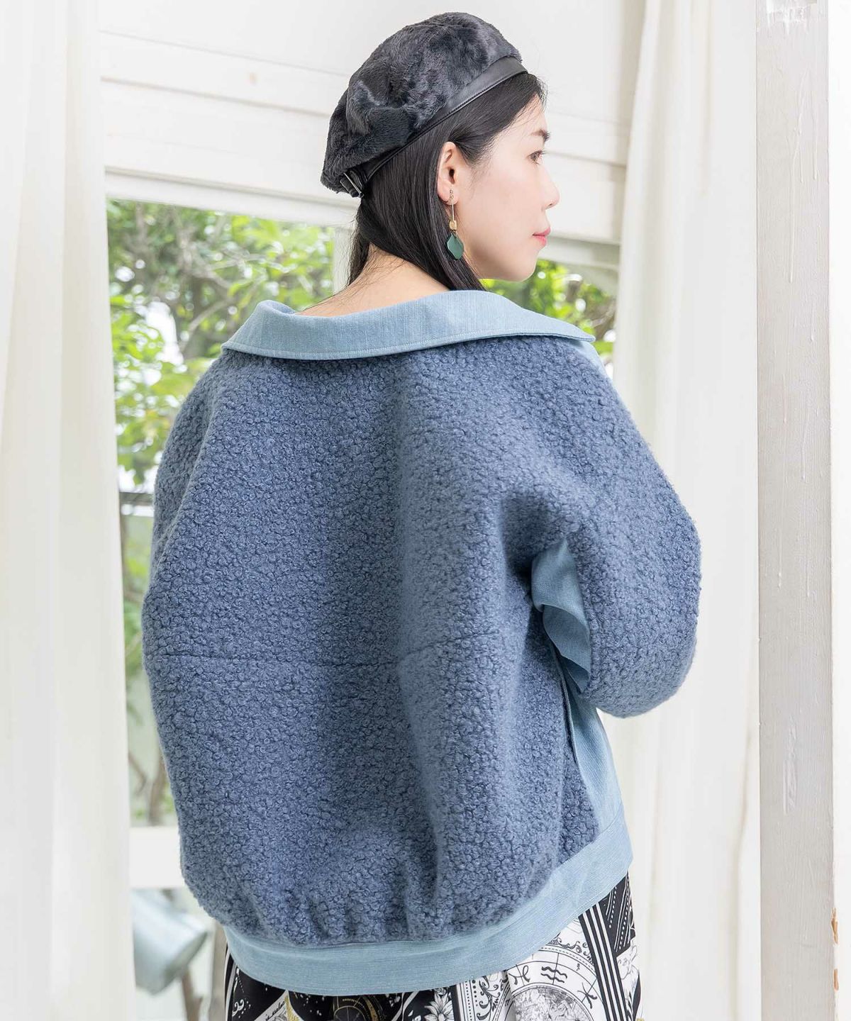 花蝶刺繍デニム×プードルボア 切替ジャケット-4