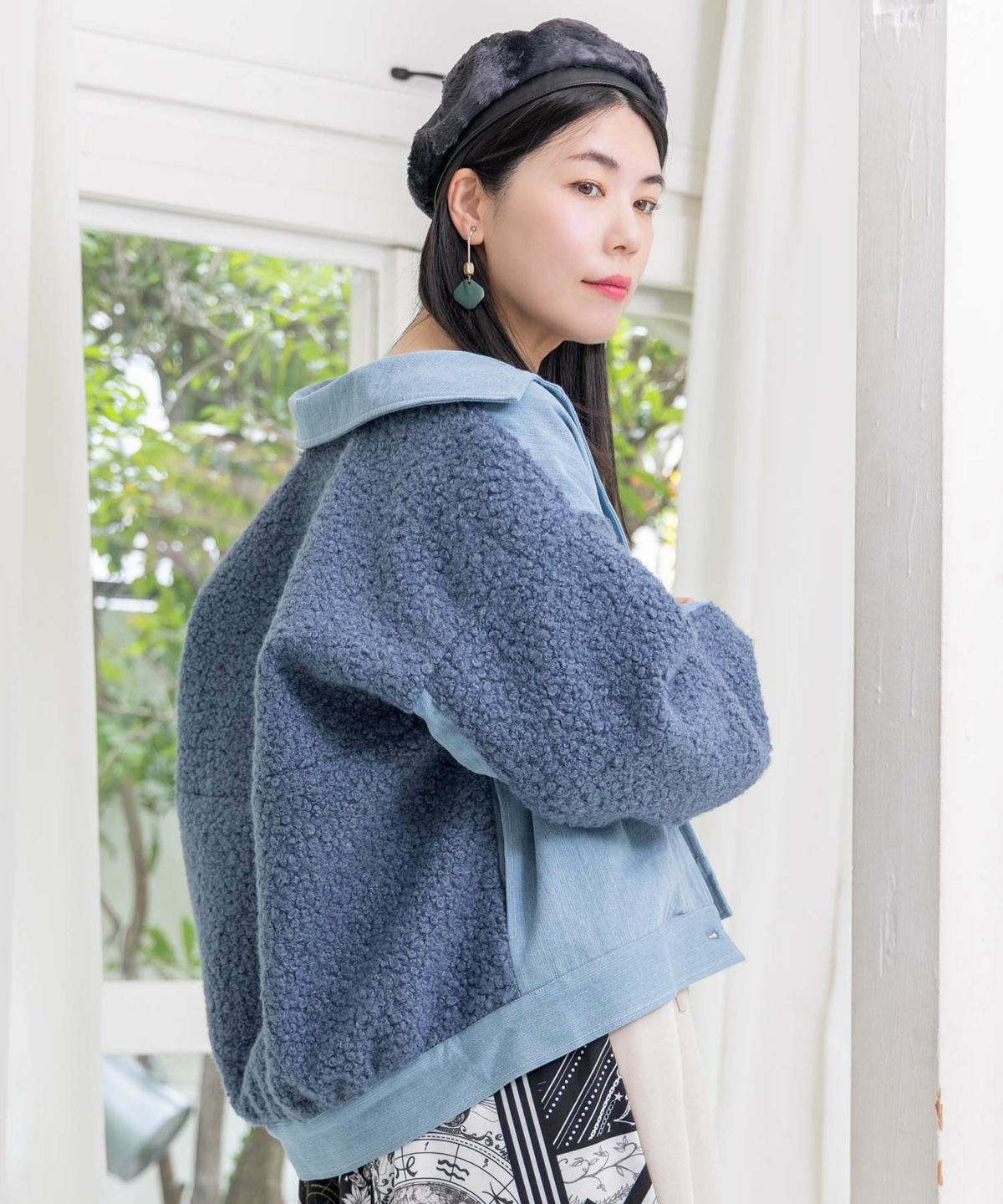 花蝶刺繍デニム×プードルボア 切替ジャケット-5