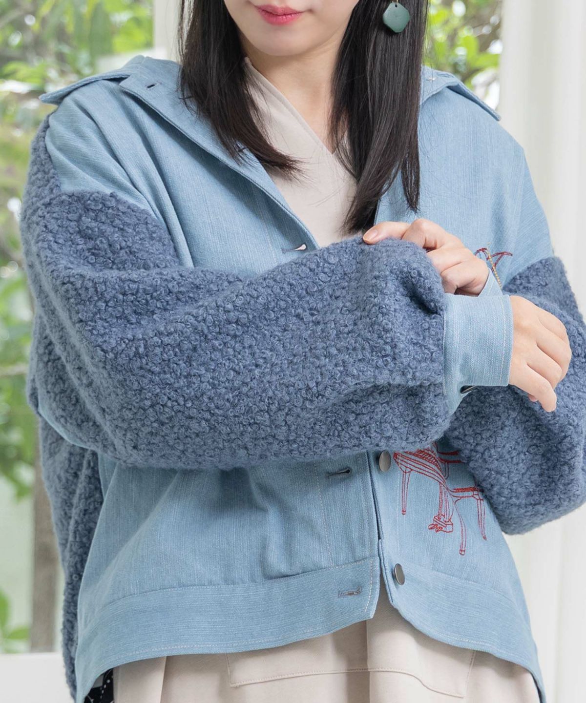 花蝶刺繍デニム×プードルボア 切替ジャケット-7