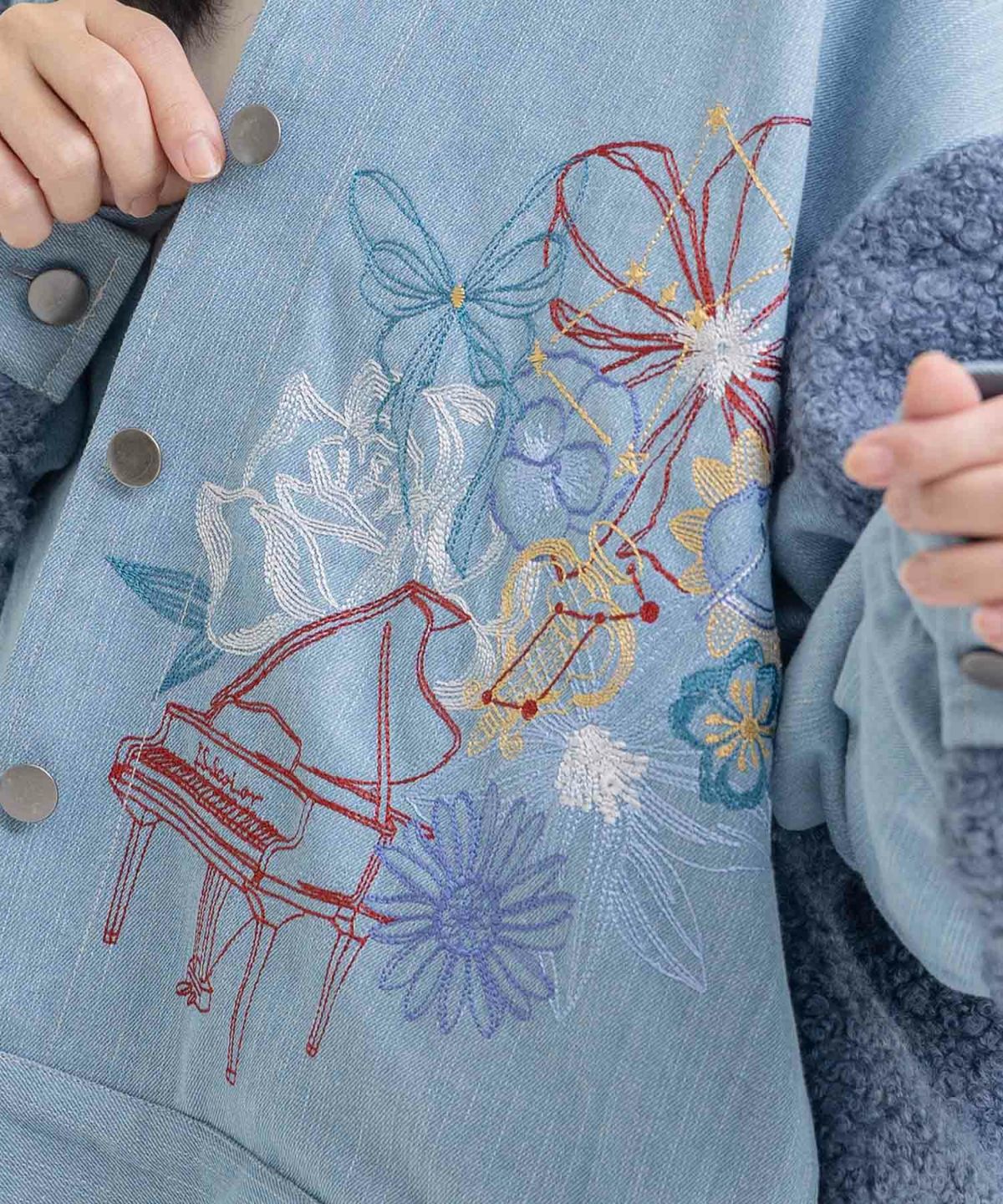花蝶刺繍デニム×プードルボア 切替ジャケット-8