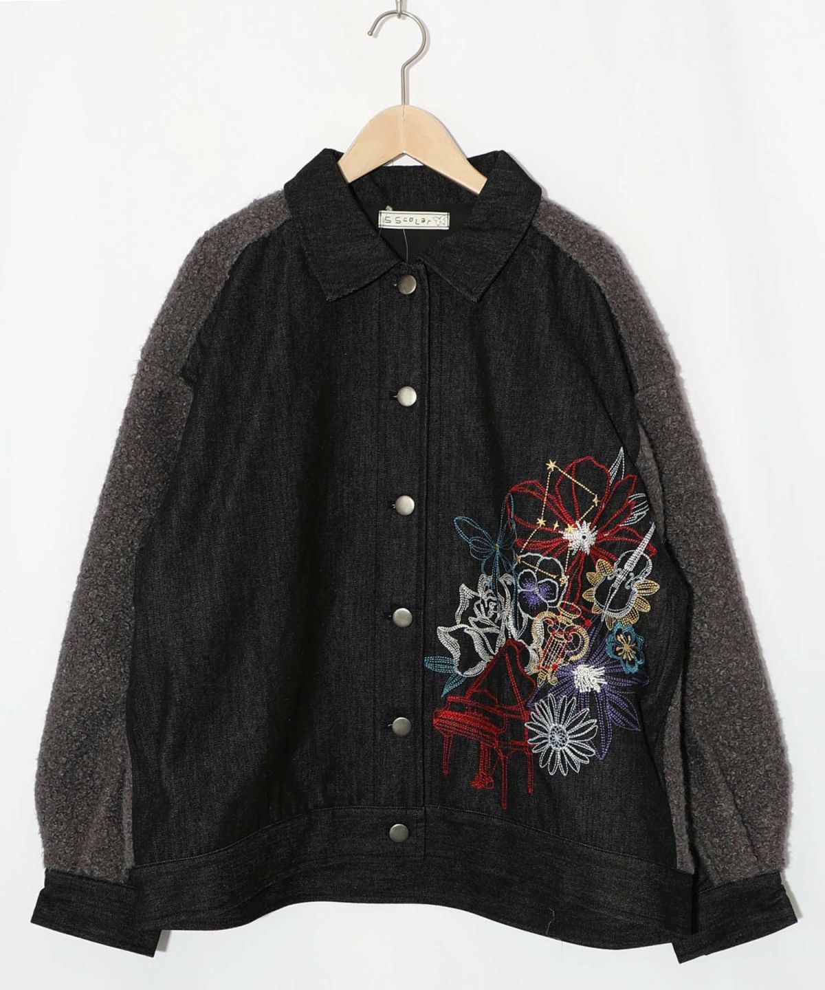 花蝶刺繍デニム×プードルボア 切替ジャケット-9
