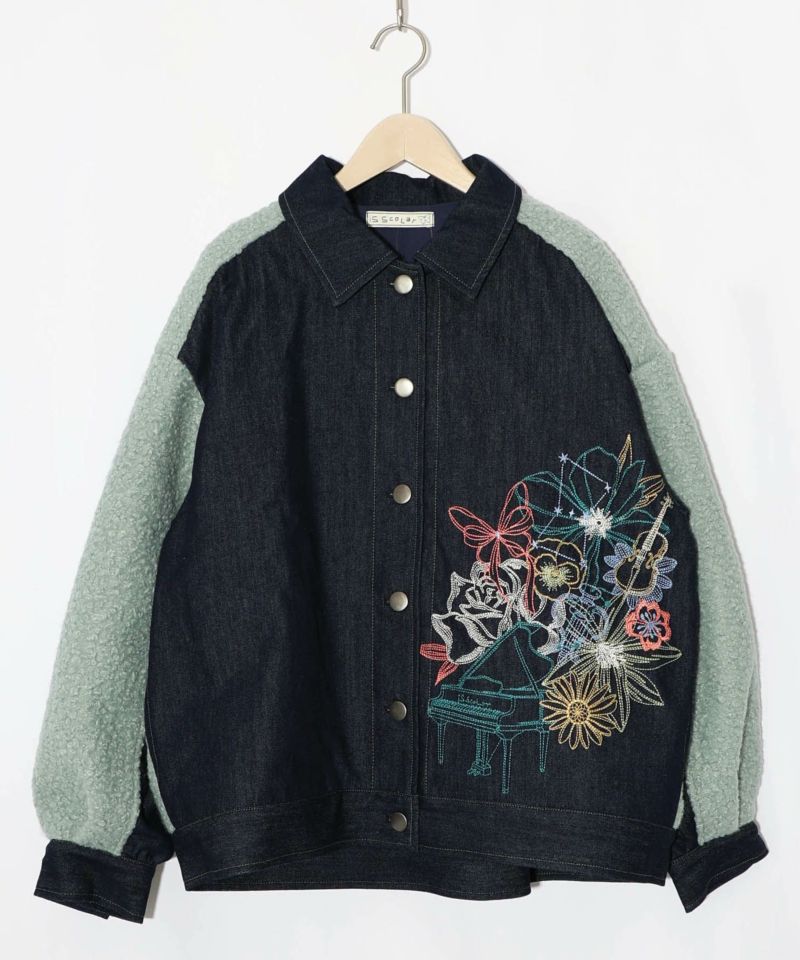 花蝶刺繍デニム×プードルボア 切替ジャケット-15