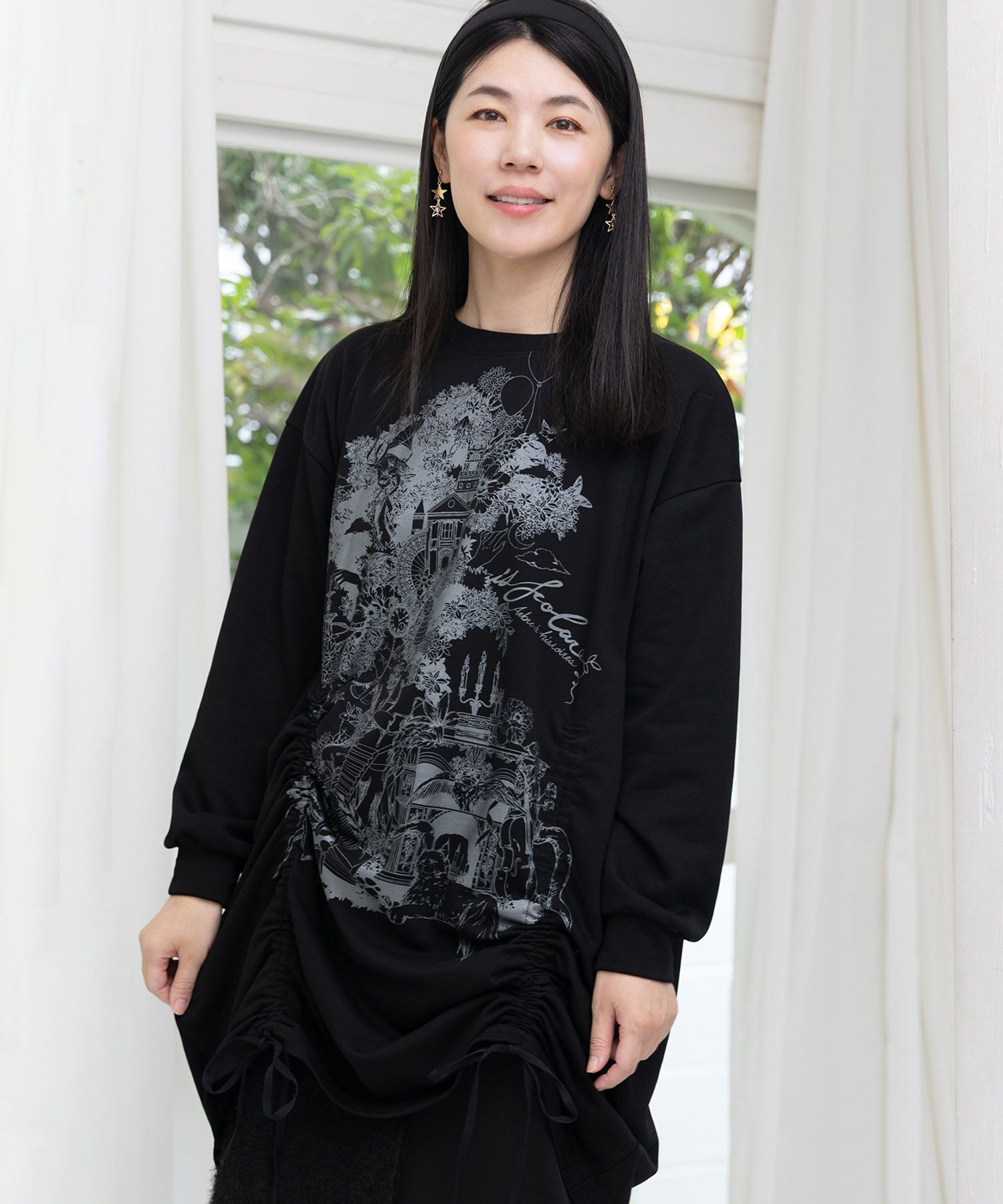 ツリーハウス柄裏毛×裾ドロストワンピース-1