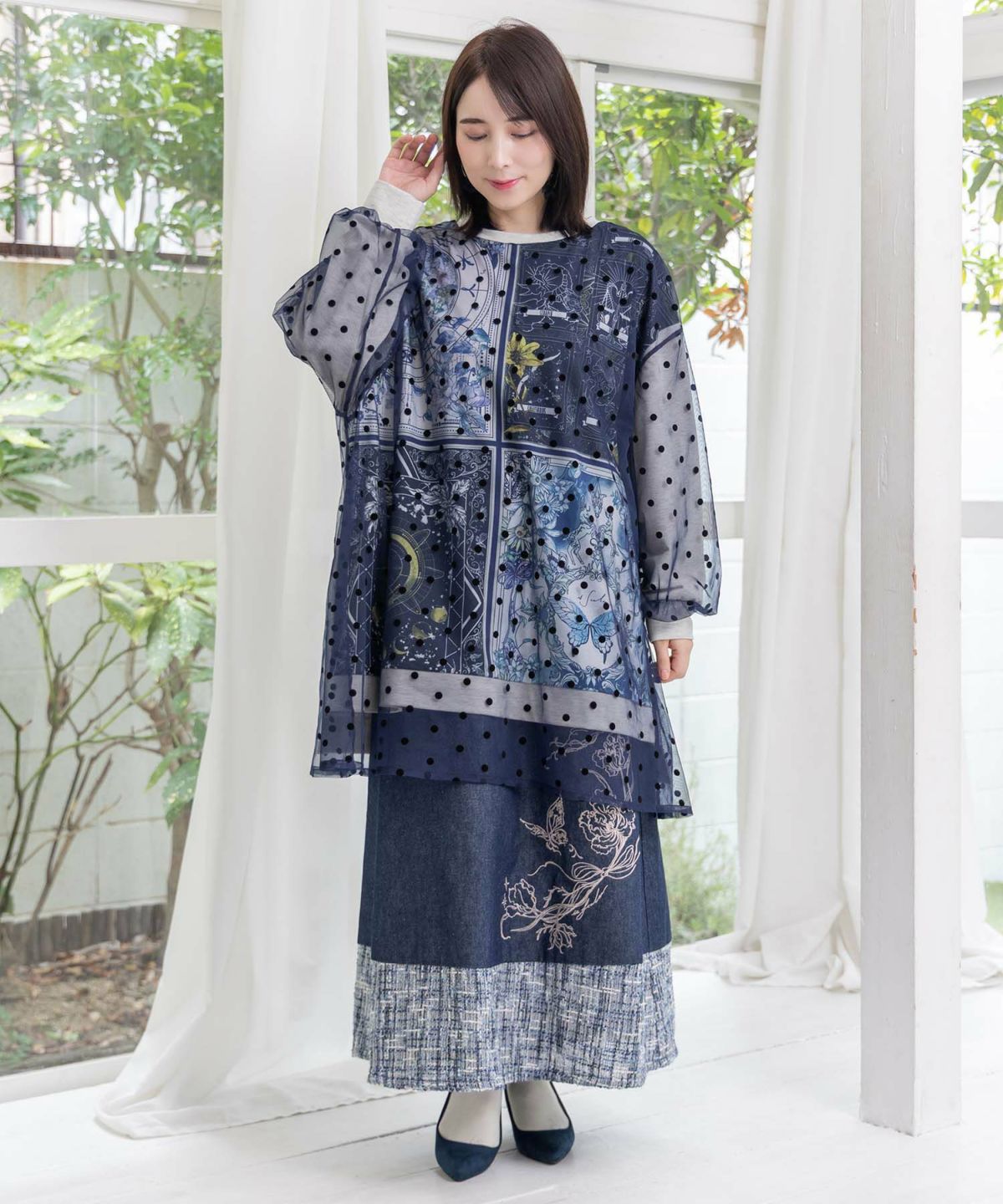 星×タロットコラージュ柄ドットチュールプルオーバー-2