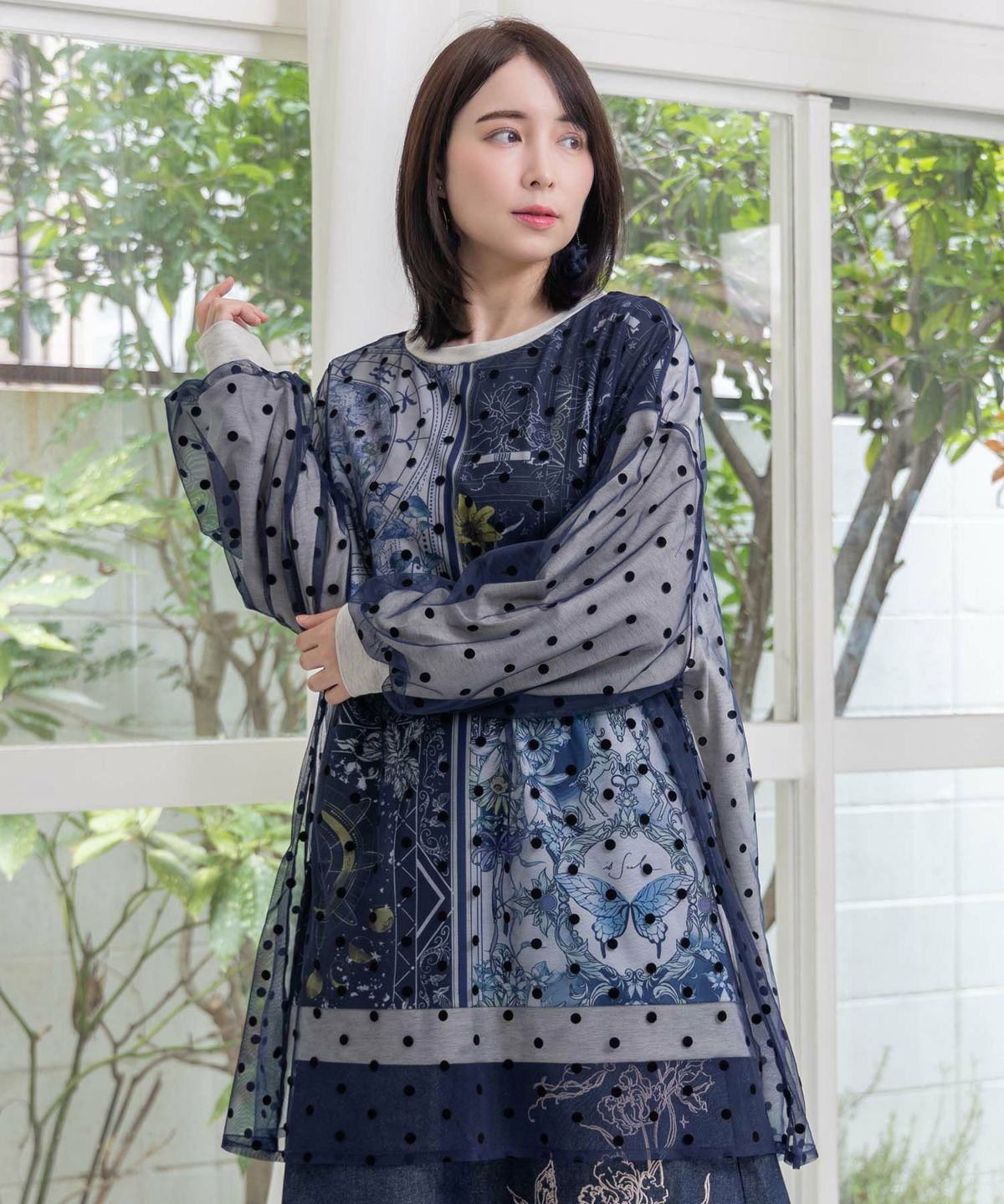 星×タロットコラージュ柄ドットチュールプルオーバー-3