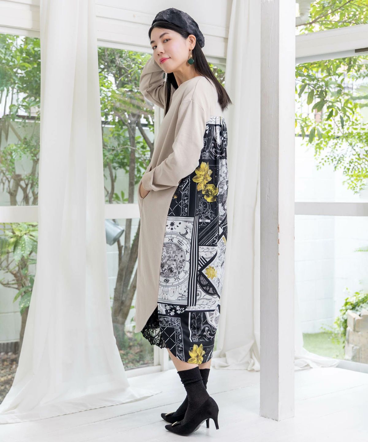 パッチワーク風柄 異素材切替ワンピース-1