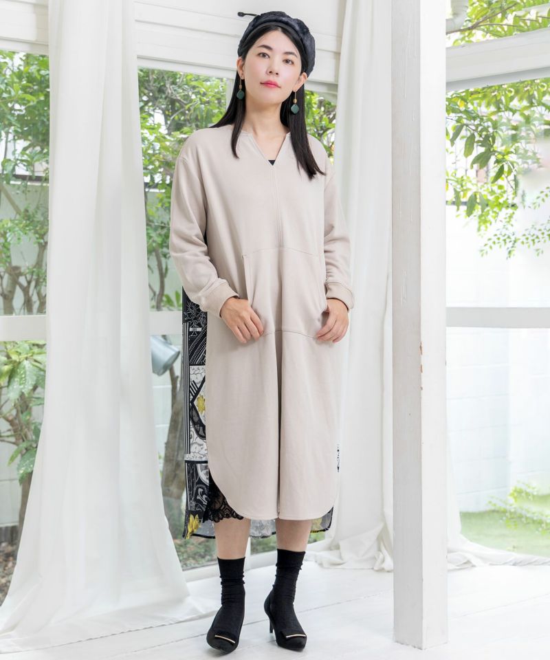 パッチワーク風柄 異素材切替ワンピース-2