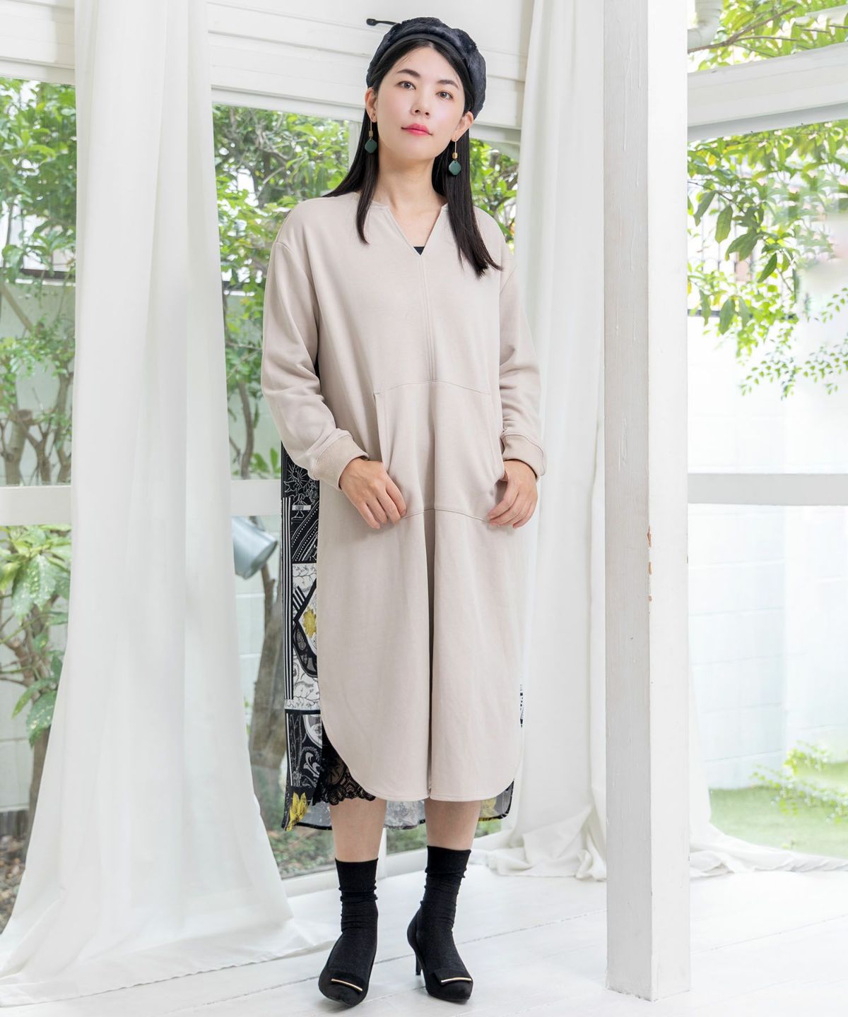 パッチワーク風柄 異素材切替ワンピース-2