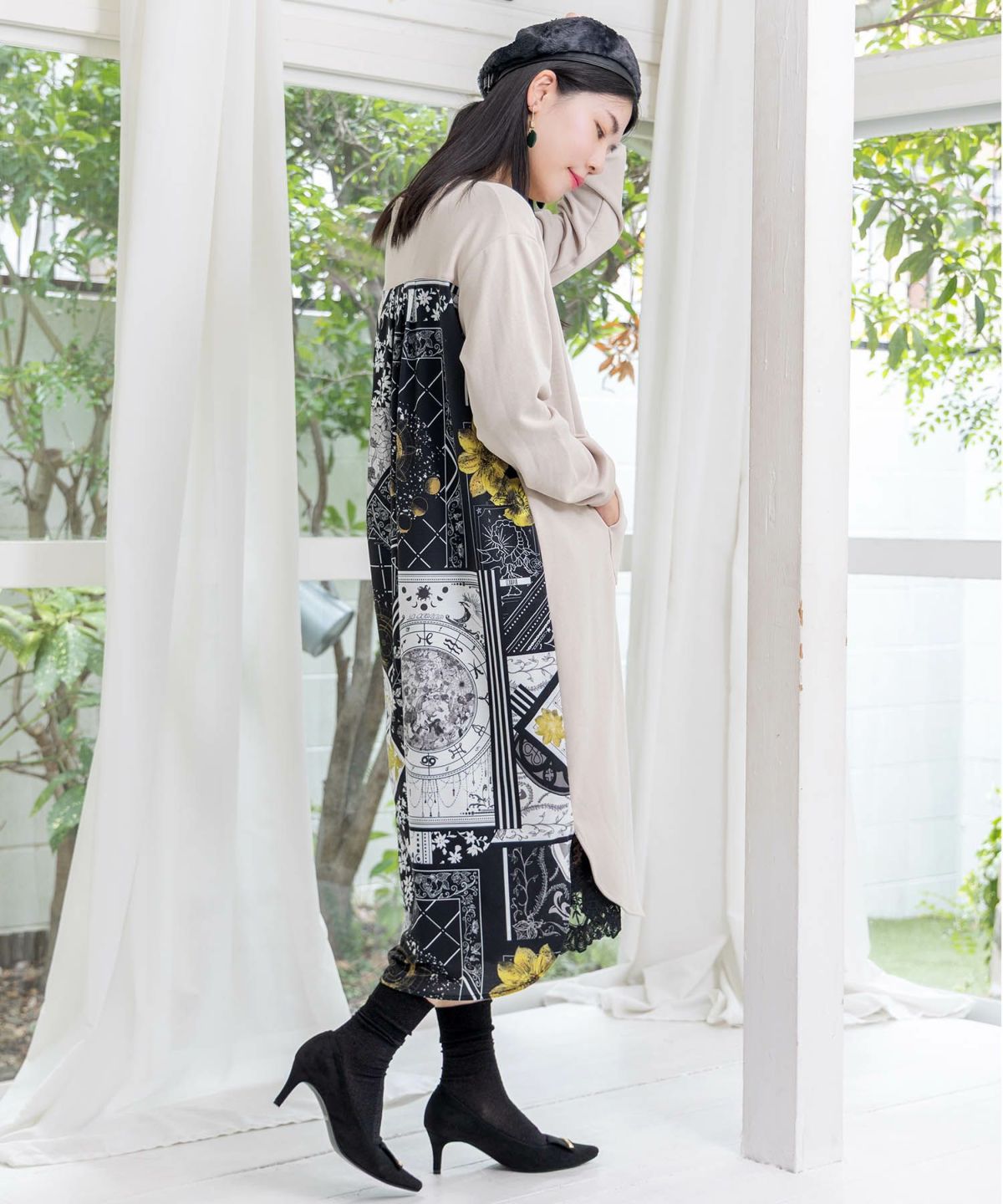 パッチワーク風柄 異素材切替ワンピース-3