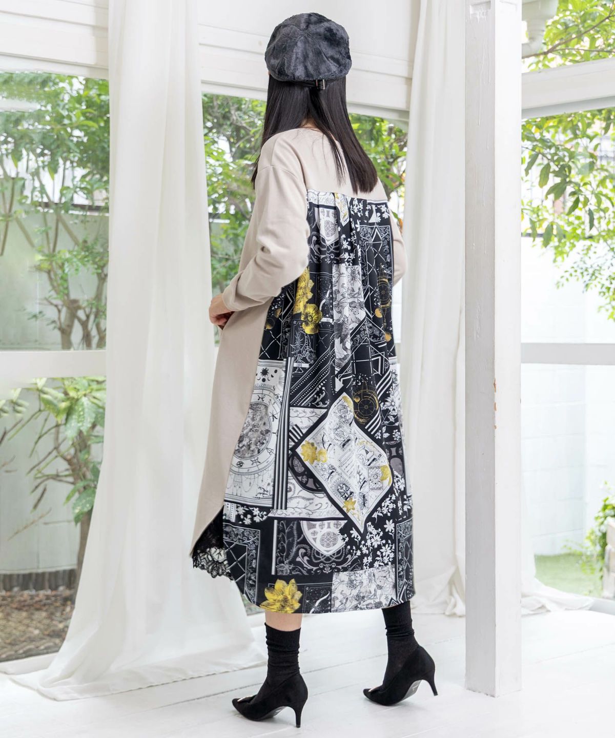 パッチワーク風柄 異素材切替ワンピース-4