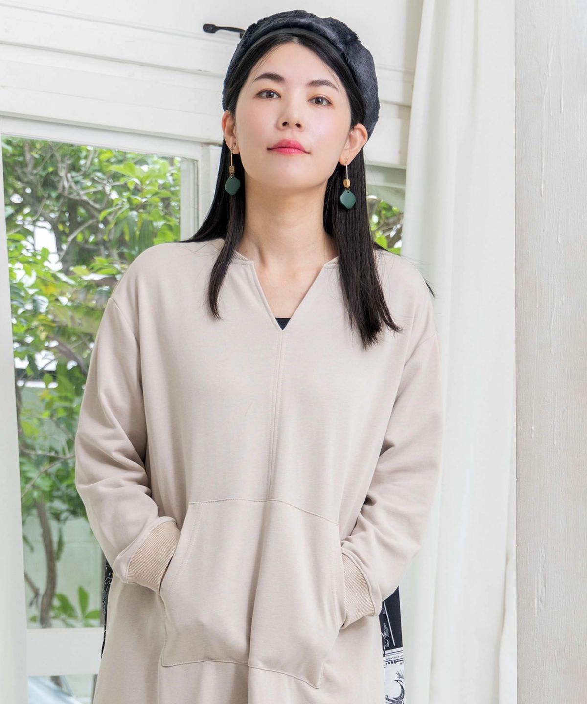 パッチワーク風柄 異素材切替ワンピース-5