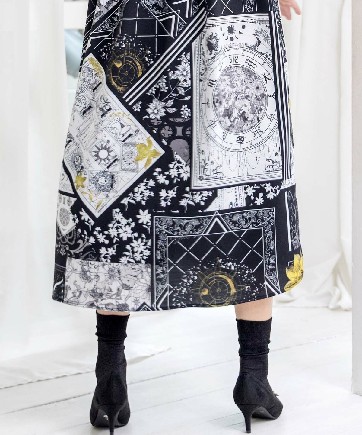 パッチワーク風柄 異素材切替ワンピース-7