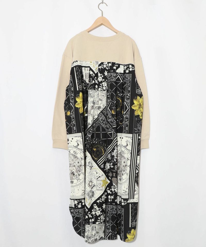 パッチワーク風柄 異素材切替ワンピース-15