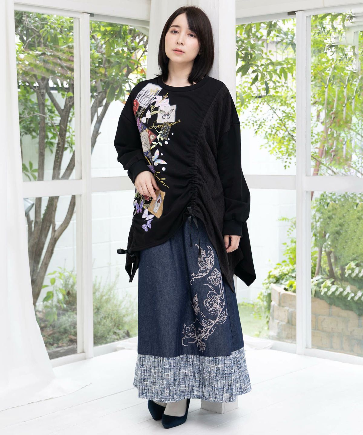 額縁×花×蝶柄　ニットソー×裏毛切替プルオーバー-2