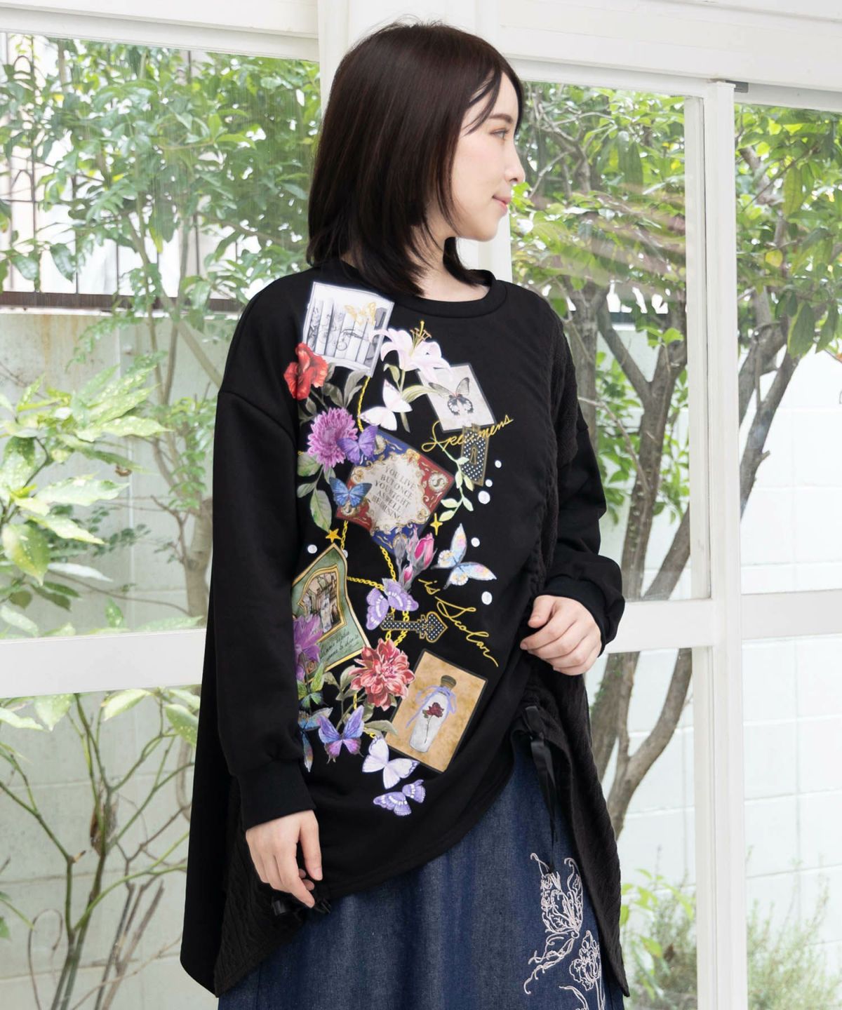 額縁×花×蝶柄　ニットソー×裏毛切替プルオーバー-3