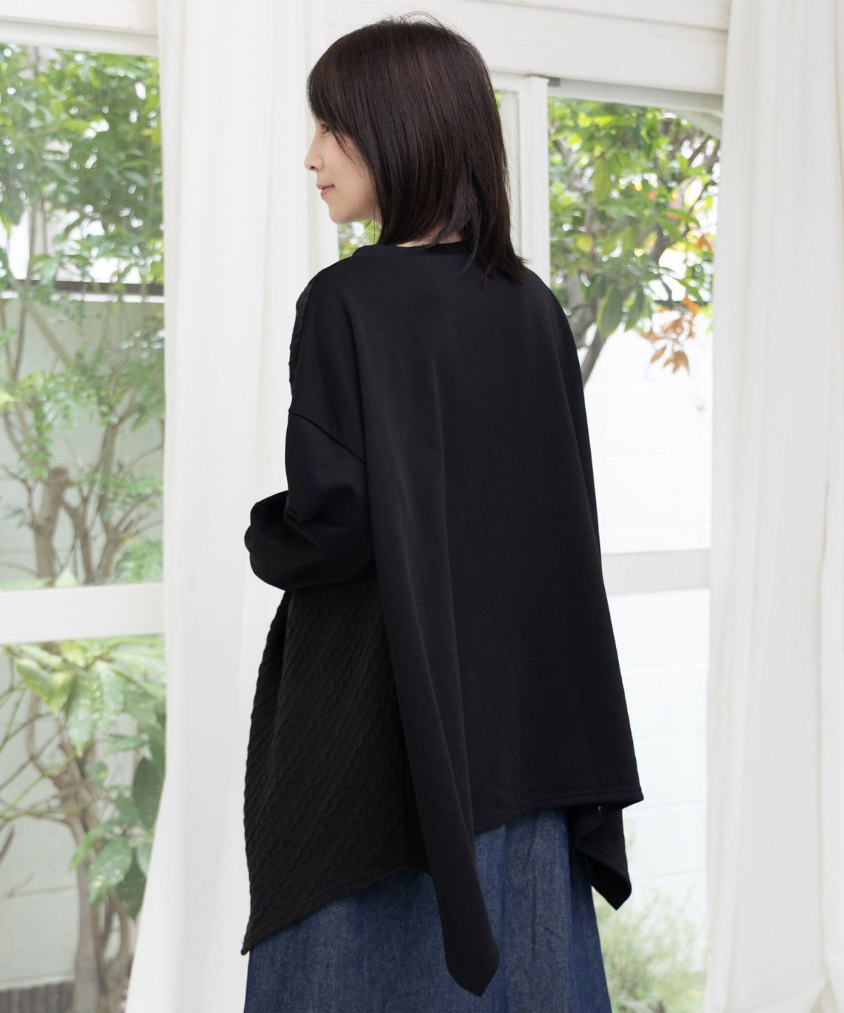 額縁×花×蝶柄　ニットソー×裏毛切替プルオーバー-5