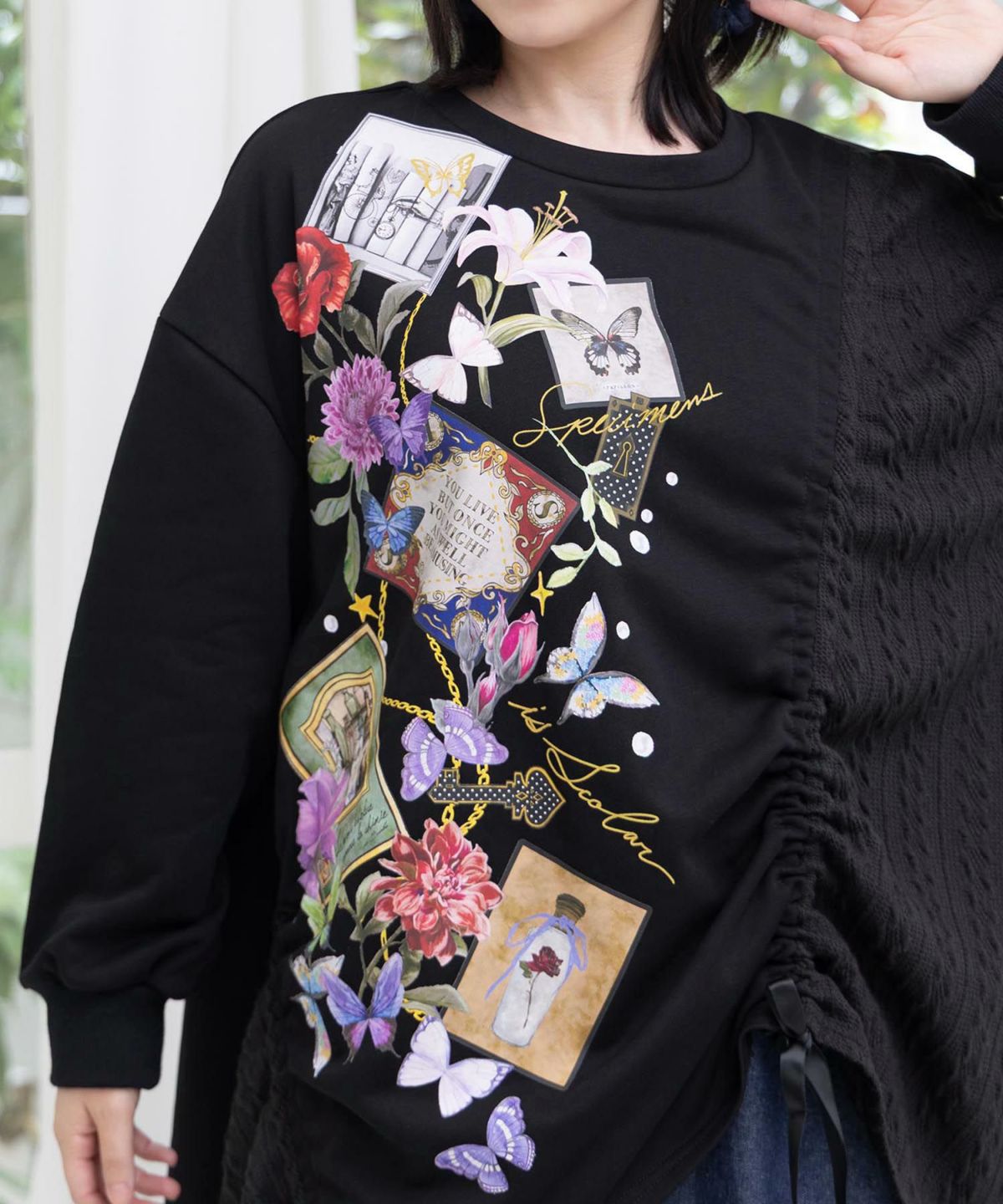 額縁×花×蝶柄　ニットソー×裏毛切替プルオーバー-7