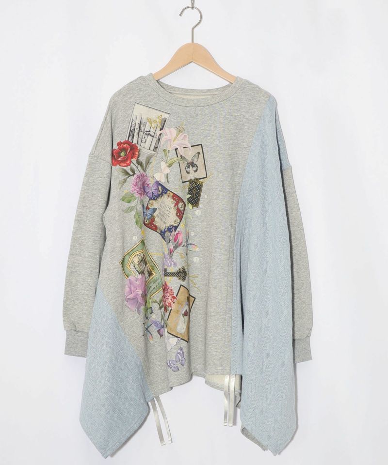額縁×花×蝶柄　ニットソー×裏毛切替プルオーバー-9