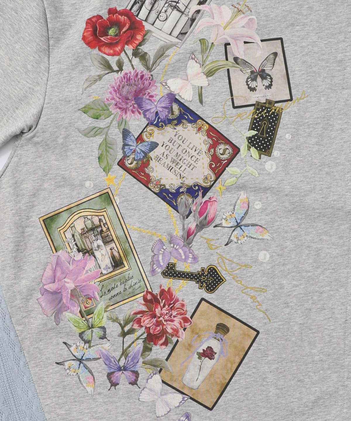 額縁×花×蝶柄　ニットソー×裏毛切替プルオーバー-10