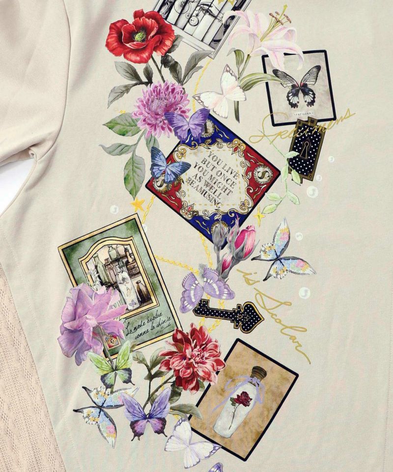 額縁×花×蝶柄　ニットソー×裏毛切替プルオーバー-14