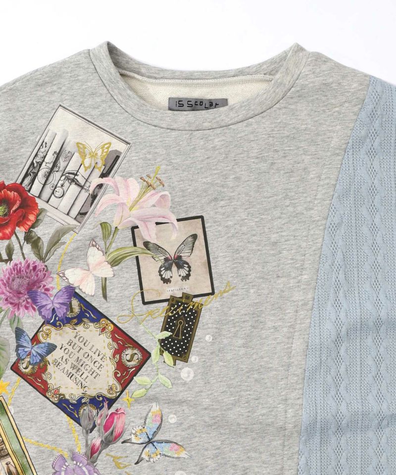 額縁×花×蝶柄　ニットソー×裏毛切替プルオーバー-15