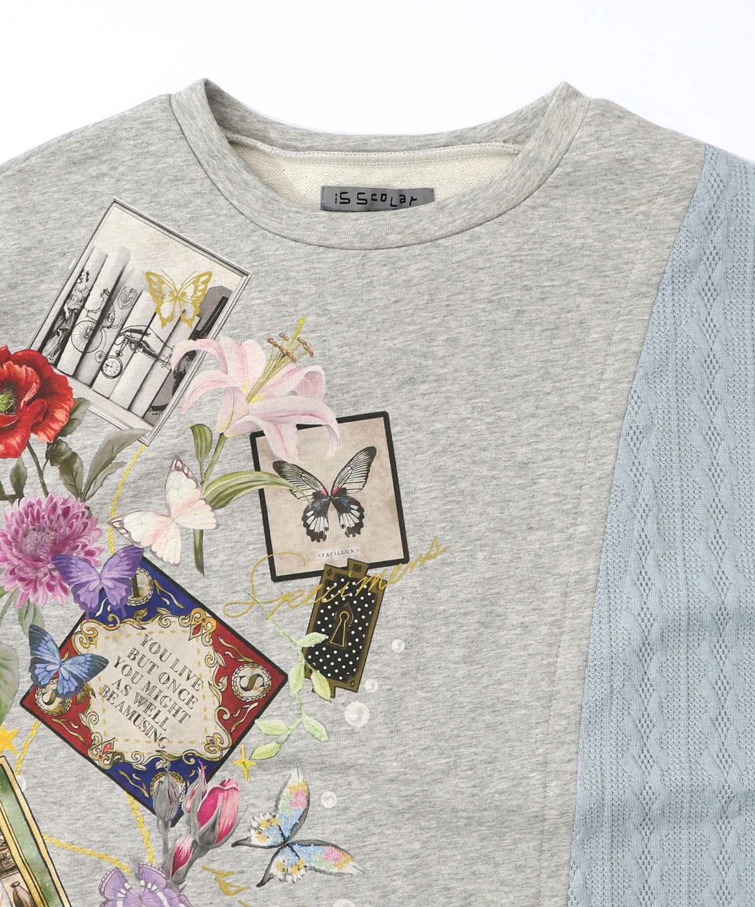 額縁×花×蝶柄　ニットソー×裏毛切替プルオーバー-15