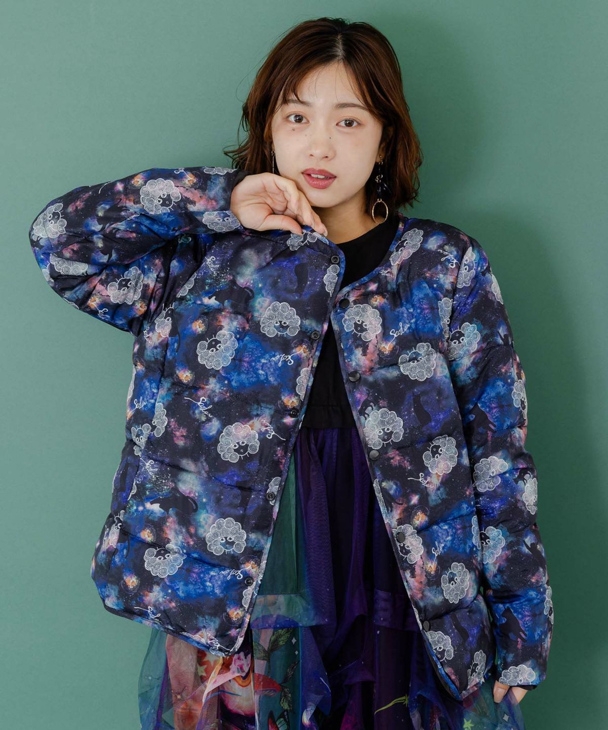 スカラーちゃん×宇宙×ネコ柄リバーシブル中綿ブルゾン-1