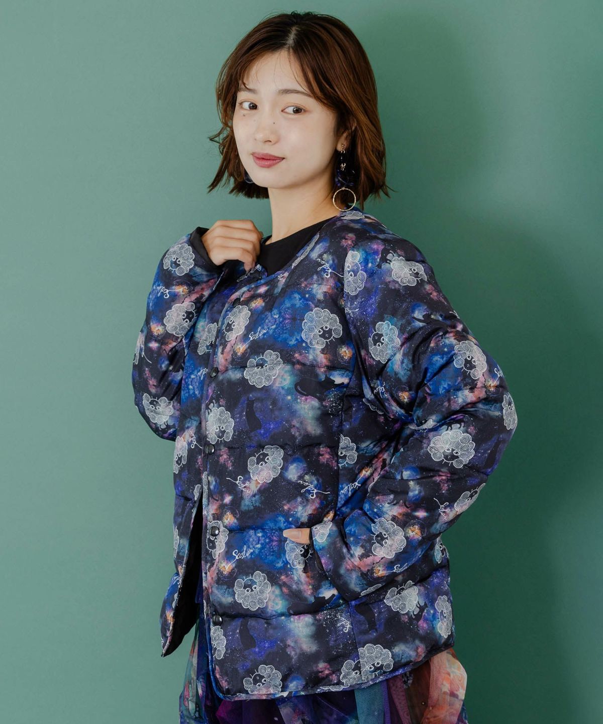 スカラーちゃん×宇宙×ネコ柄リバーシブル中綿ブルゾン-3