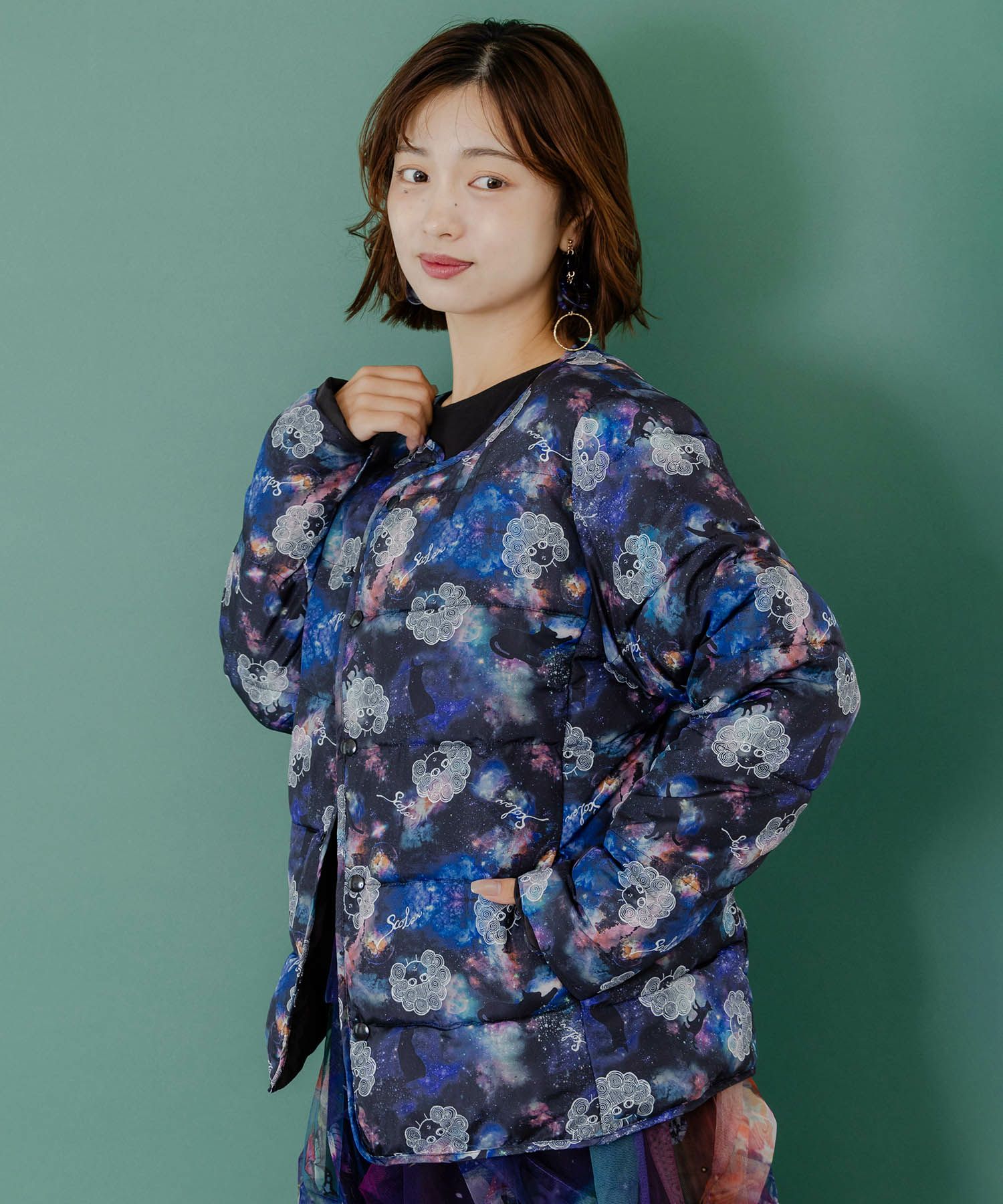 スカラーちゃん×宇宙×ネコ柄リバーシブル中綿ブルゾン-3