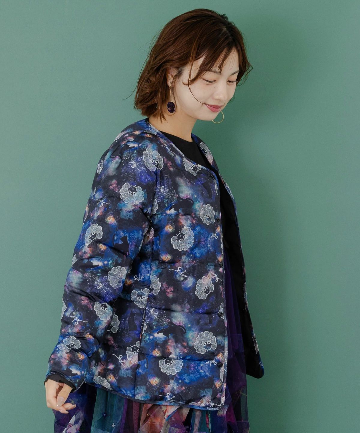 スカラーちゃん×宇宙×ネコ柄リバーシブル中綿ブルゾン-4